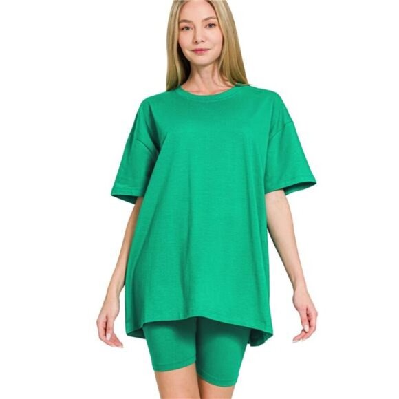 Zenana Cotton Round Neck Top & Biker Shorts - Picture 1 of 3